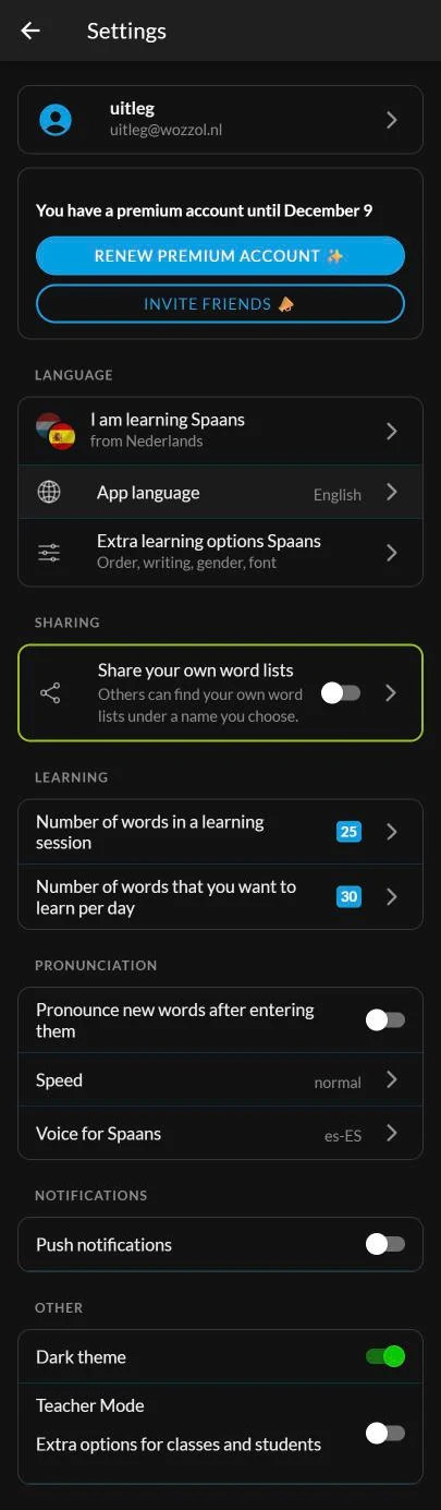 The new settings screen in Wozzol